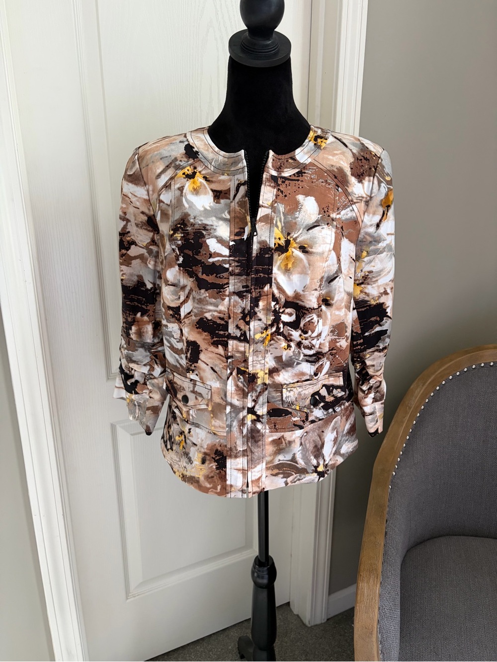 Coldwater Creek Floral Jacket in Brown, Cream and Black Accents